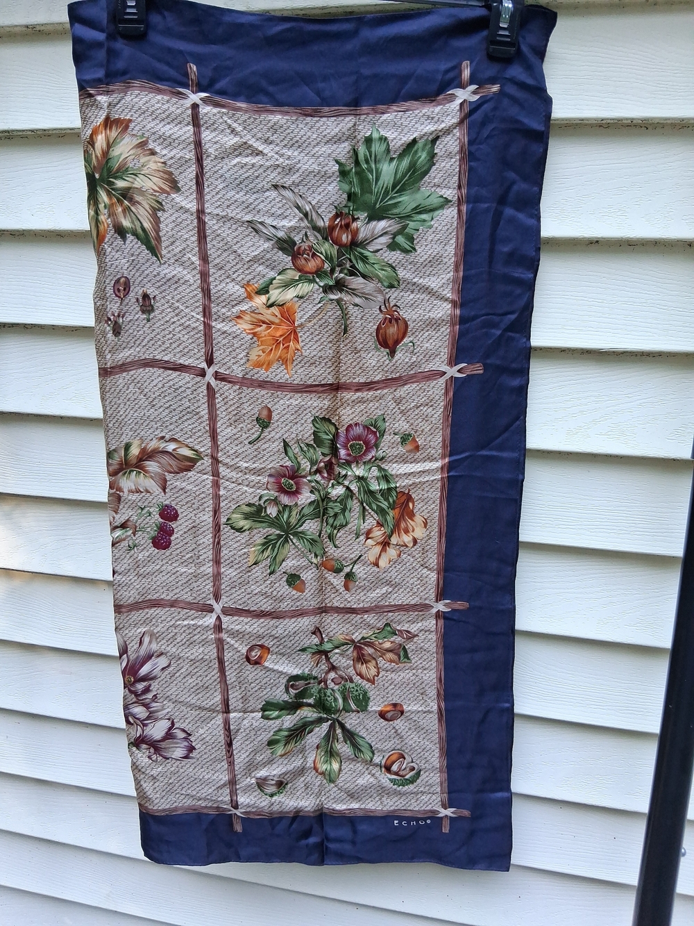 Echo Floral Silk Scarf in Navy, Green, Brown, Cream